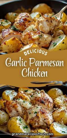 delicious garlic parmesan chicken in a cast iron skillet with text overlay