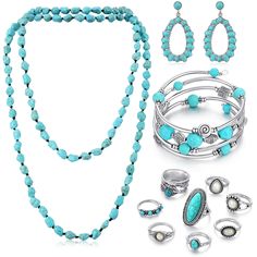 PRICES MAY VARY. Package Content: you will receive 1 turquoise necklace, 1 turquoise bracelet, 8 turquoise rings, a pair of turquoise earrings, this jewelry set with turquoise beads comes with a reliable black jewelry box, a complete set to meet your needs and add charm to you Proper Size for You: this turquoise bead necklace comes in proper; The turquoise beads on the bohemian necklace are smooth and comfortable to use; And the bracelet is adjustable size, suitable for most people to wear and b Turquoise Bead Jewelry, Turquoise Jewelry Rings, Black Jewelry Box, Turquoise Jewelry Set, Western Necklaces, Turquoise Bead Necklaces, Wrap Necklaces, Necklace Turquoise, Bohemian Necklace