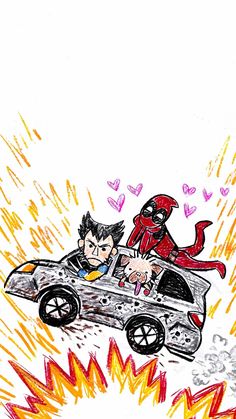 a drawing of two people riding in a car with hearts coming out of the window