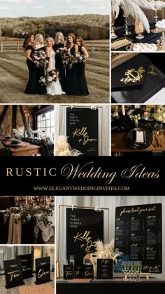 a collage of photos with black and gold wedding colors