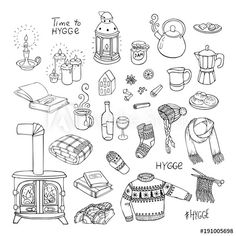 a black and white drawing of various items that are in the kitchen, including an oven,