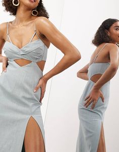 ASOS EDITION strappy turn back midi dress with cut-out in dusky blue | ASOS Dusky Blue, Blue Fashion, Cut Out, Asos, Midi Dress, Turn Ons, Blue