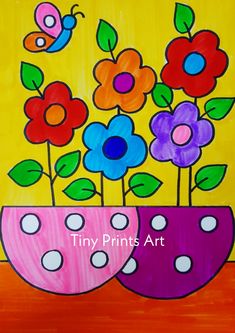 a painting of flowers in a pink vase with polka dots and a blue bird sitting on top