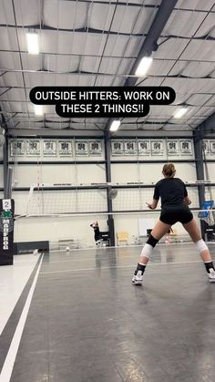 two women playing volleyball in a gym with the words outside hitters work on these 2 things