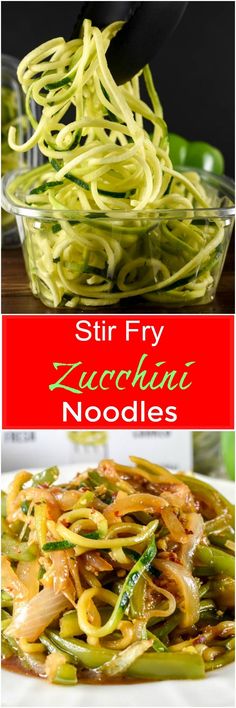 stir fry zucchini noodles in a glass bowl and then topped with green onions