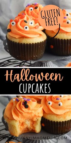 halloween cupcakes with orange frosting and sprinkles on the top