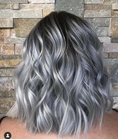 Ashy Silver Hair Dark Roots, Silver Hair Colour Ideas, Silver Hair For Brunettes, Grey Hair Color Silver Short, Balayage Grey Hair Silver, Black Roots Silver Hair Short, Dark Roots With Silver Hair, Steel Gray Hair Color, Grey Hair Blue Highlights