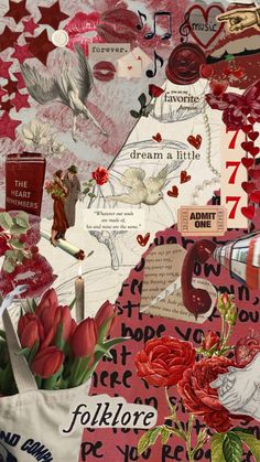 a collage of red and white images with words, flowers, hearts, and other things