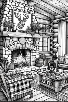 a drawing of a log cabin living room