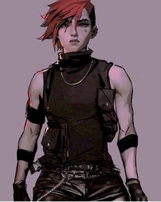 an anime character with red hair and black leather clothes, holding his hands on his hips