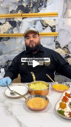 a man sitting at a table with bowls of food in front of him and the words make a memegadalshi on his face