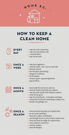 a pink and white poster with the words how to keep a clean home on it