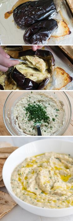 four different views of food being prepared in white bowls and on wooden trays, including an eggplant dip