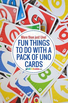 a pile of colorful stickers with the words fun things to do with a pack of uno cards