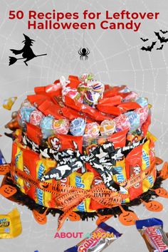 a halloween cake with lots of candy on top