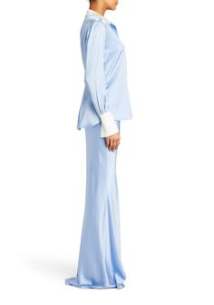 Long sleeve silk top featuring a button-up front and contrasting collar and cuffs. Shown here in Ice Blue. 95% Silk, 5% Spandex Made in China Model is 5'10" wearing size S Style No. 3304-11 Australia Clothes, Silk Bra, Silk Maxi Skirt, Silk Skirt, Denim Pant, Made In China, Collar And Cuff, Silk Top, Ice Blue