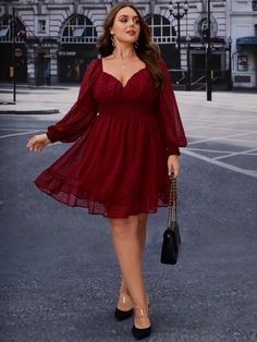 Burgundy Elegant Collar Long Sleeve Chiffon Plain A Line Embellished Non-Stretch  Women Plus Clothing Plus Size Wedding Guest Outfits, Dress For Chubby Ladies, Vestidos Color Vino, Plus Size Red Dress, Dress For Chubby, Plus Size Summer Fashion, Plus Size Wedding Guest Dresses, Plus Size Fall Outfit, Plus Size Party Dresses