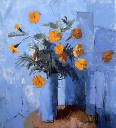 a painting of yellow flowers in a blue vase