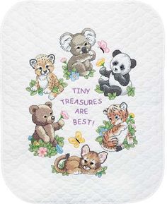 cross stitch pattern with animals and the words tiny treasures are best