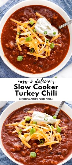 two bowls of slow cooker turkey chili with sour cream on top