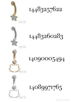 three different types of piercings with numbers and symbols on them in gold, silver, and black