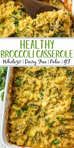 broccoli casserole with cheese and parsley in a white baking dish