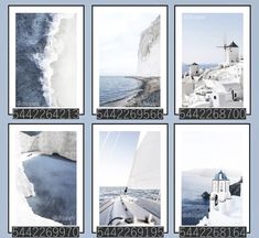 four different pictures of the ocean with white buildings and blue water in them, all on one page