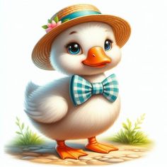 a cartoon duck wearing a hat and bow tie