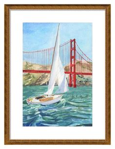 a painting of a sailboat in front of the golden gate bridge