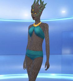 a woman in a swimsuit with an alien head