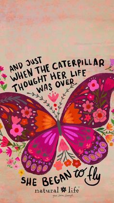 a pink butterfly with flowers on it and the words, she was born to fly