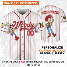 Custom Disney Toy Story Woody Sheriff Woody Buzz Lightyear Baseball Jersey 1 Disney Villain Shirt, Sheriff Woody, Toy Story Woody, Toy Story Characters, Toy Story Shirt, Woody And Buzz, Epcot Shirts, Minnie Shirt, Disney Charms