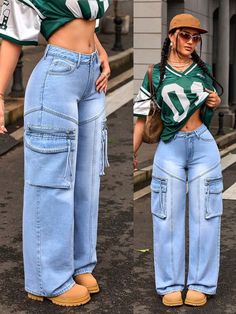 Blue Jean Wide Leg Pants Outfit, Jean On Jean Outfit Denim Casual, Boyfriend Jeans Outfit Summer Classy, Mummy Jeans Outfit Ideas, What To Wear With Baggy Jeans, Trending Outfits 2024, Denim High Fashion, Cute Baggy Pants, Trending Pants For Women