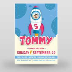 a birthday party flyer with a cartoon character on the rocket ship and numbers 5 in front of it