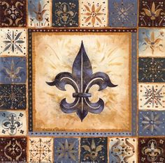 a painting of a fleur de lis on blue and brown squares with gold accents