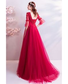 Buy Elegant Burgundy Long Red Tulle Wedding Party Dress With Sleeves at wholesale price online. Free shipping and pro custom service since 2009. Red Long Sleeve Ball Gown For Banquet, Floor-length Burgundy Ball Gown For Wedding, Red Tulle Ball Gown For Banquet, Burgundy Floor-length Ball Gown For Wedding, Burgundy Tulle Wedding Gown, Wedding Burgundy Tulle Gown, Burgundy Evening Dress For Wedding And Prom Season, Burgundy Evening Dress For Wedding Or Prom, Burgundy Evening Dress For Wedding And Prom