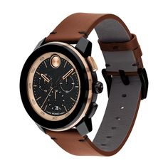 Update your casual or dressy looks with this men's Movado Bold® Tr90 brown leather chronograph watch with black and bronze-toned accents. The black and bronze-toned dial features Swiss Super-LumiNova® hands, three chronograph sub-dials, a date display and signature dot marker. 44.0mm black and bronze-toned stainless steel case with mineral crystal. Swiss quartz movement keeps accurate time. The brown cognac leather strap secures with a buckle clasp. Water resistant to 50 meters, this watch includes a 2-year limited manufacturer warranty. We are an authorized Movado dealer. Modern Brown Leather Watch, Brown Leather Watch With Analog Display, Brown Leather Chronograph Watch With Round Dial, Brown Leather Chronograph Watch, Brown Leather Chronograph Watch Accessories, Masculine Brown Leather Watch, Brown Chronograph Watch With Leather Strap, Brown Watches With Subdials, Masculine Brown Watch With Subdials