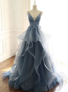 Blue Organza Evening Dress Ball Gown, Blue Organza Ball Gown For Evening, Blue Organza Evening Dress For Prom Season, Blue Organza Ball Gown For Gala, Blue Organza Prom Dress, Blue Organza Dress For Prom Season, Elegant Blue Tulle Ball Gown, Blue Organza Evening Dress, Blue Organza Sleeveless Dress