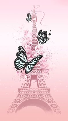 the eiffel tower with butterflies flying over it