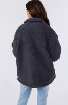 An oversized fit adds to the coziness of this fuzzy fleece jacket that's popped with patch pockets at the chest. 30" length Spread collar 100% polyester Machine wash, dry flat Imported Cozy Relaxed Fit Outerwear With Soft Texture, Oversized Outerwear With Soft Texture For Loungewear, Cozy Outerwear With Soft Texture And Relaxed Fit, Cozy Oversized Outerwear With Pockets, Cozy Fit Fleece-lined Outerwear For Streetwear, Cozy Fit Outerwear With Fleece Lining For Streetwear, Cozy Outerwear With Side Pockets And Long Sleeves, Casual Outerwear With Soft Texture And Cozy Fit, Cozy Fleece Outerwear For Streetwear