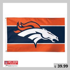 the denver football team is depicted on an orange and blue striped flag with a white horse logo