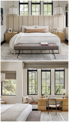 two pictures of a bed and desk in a room with large windows on both sides