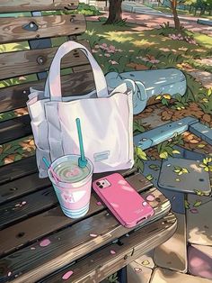 a white bag sitting on top of a wooden bench next to a pink cell phone