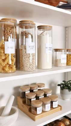 the shelves are filled with different types of food