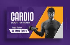 the cardio exercise for beginner is displayed on a purple and orange background with an image of a man