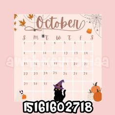 a calendar with a black cat wearing a witches hat and pumpkins on the side