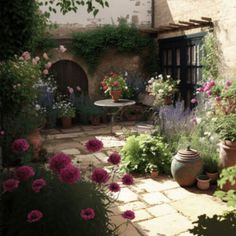 an outdoor patio with potted plants and flowers