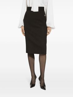 Find DOLCE & GABBANA Virgin Wool-blend Pinstripe Midi Skirt on Editorialist. black virgin wool blend stretch-design pinstripe pattern logo patch to the side knee-length Midi Skirt Black, Pinstripe Pattern, Executive Assistant, Pattern Logo, Versace Outfit, Chanel 2, Black Midi Skirt, Office Style, Ballet Flat Shoes