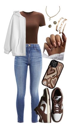 Simple brown outfit. Chocolate Shoes Outfit, Brown Shoe Outfits Women, Brown And White Dunks Outfit, Brown Shoes Outfit Women, Casual Brown Outfits, Brown Shirt Outfits Women, Brown Sneakers Outfit Women's, White Jordans Outfit, Tan Shoes Outfit