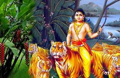 lord ayappa with tigers in the jungle